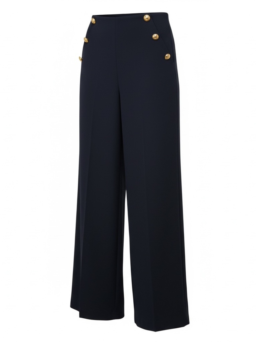 High-Rise Navy Wide-Leg Pants with Decorative Gold Buttons